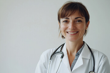 Happy female doctor with stethoscope on white background