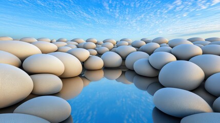 Poster - A large number of white rocks are sitting in a pond, AI