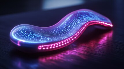 Poster - A sleek, curvy device emits vibrant blue and purple lights, casting an ethereal glow on a dark surface. The soft illumination creates a captivating atmosphere in the dimly lit environment.