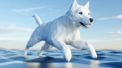 Canvas Print - A low polygonal dog running on a blue surface in the ocean, AI