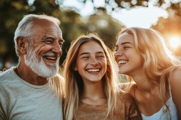 Family vacation, holiday, holiday break together in the outdoors. Happy grandma, grandpa, and daughter hugging in joyous happiness or caring for elderly parents.