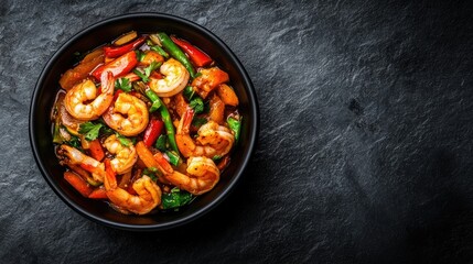 Artistic top view of spicy tom yum kung featuring shrimp and vegetables in a black bowl, set on a dark stone surface, allowing for easy addition of promotional text.