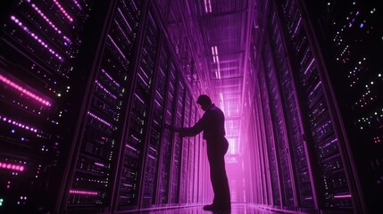 Poster - A silhouette of a person interacting with servers in a vibrant, illuminated data center.