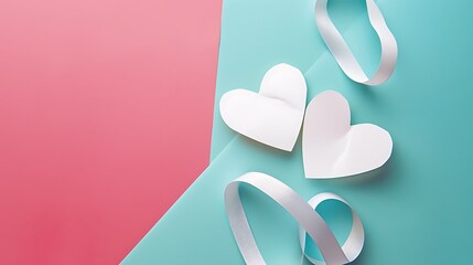 Two paper hearts with white ribbon isolated on colorful background