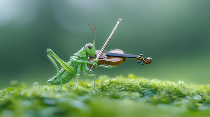 grasshopper playing violin in lush green environment evokes whimsical scene