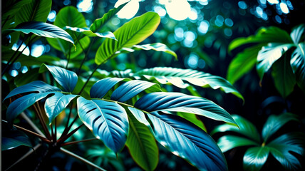 Collection of tropical leaves,foliage plant in blue color with space background