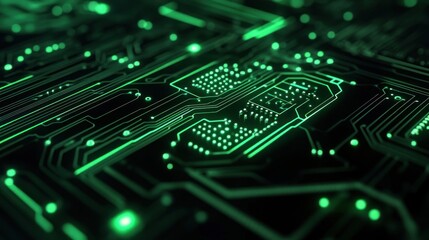 Poster - Close-up of a green-lit circuit board showcasing intricate electronic pathways.