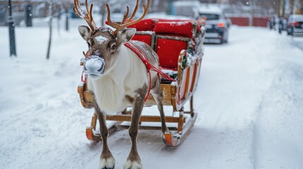 Isolated sleigh with reindeer at the parking area