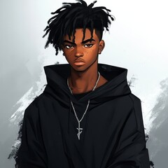 A youth boy with black race in anime cartoon image. The  designs are dynamic and eye-catching.  The anime style brings a sense of fun and creativity. It's a combination of art and commerce.