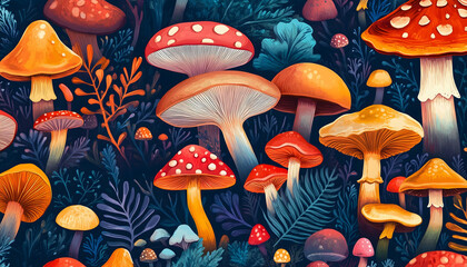 Wall Mural - A seamless nature background with various colorful mushrooms