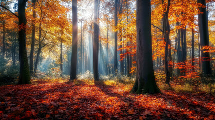 Wall Mural - Autumn forest with sunbeams through tree trunks and leaves in the morning