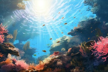 Sticker - Underwater ocean sunlight aquarium, digital paint illustration.