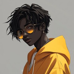 A youth boy with black race in anime cartoon image. The  designs are dynamic and eye-catching.  The anime style brings a sense of fun and creativity. It's a combination of art and commerce.