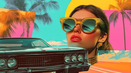 Wall Mural - A woman in sunglasses, a classic car and palm trees in a colorful, retro-inspired collage.