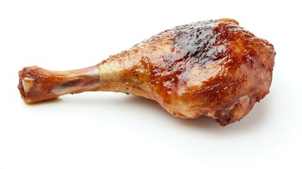 Wall Mural - Isolated roasted duck leg with glistening skin, placed on a stark white background, ideal for culinary websites or food photography showcasing exquisite poultry dishes.