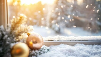 Poster - Golden christmas ornaments are nestled in a snow dusted evergreen bough on a windowsill, with a snowy sunset glowing in the background