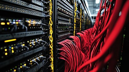 Poster - A close-up view of server racks with tangled red cables, showcasing data center infrastructure.