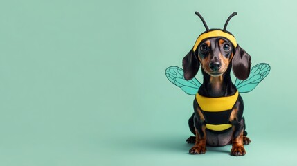 a playful dachshund wearing a bright yellow and black bee costume with transparent wings sits on a s