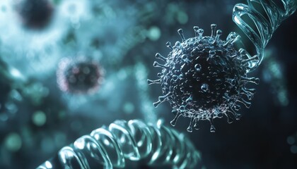 Aufkleber - 3D Render of a Coronavirus Particle with a Double Helix in the Background