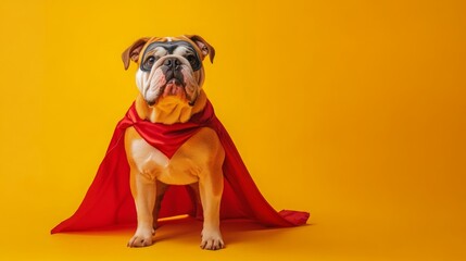 A bulldog stands proudly, wearing a vibrant red cape, showcasing its playful and heroic nature against a cheerful yellow backdrop while exuding charm and charisma, perfect for a fun celebration.