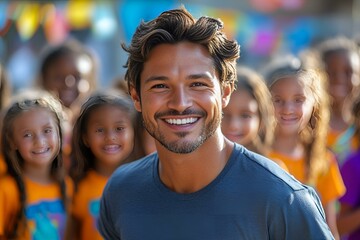 A smiling man engages with a group of happy children, fostering a sense of joy and connection among them.