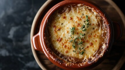 Top view of hearty French onion soup with a crispy cheese layer and thyme, presented in a classic bowl, showcasing the comfort and richness of French cuisine.