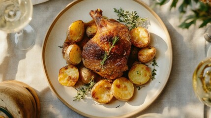 Wall Mural - Top-down shot of duck confit on a plate with roasted potatoes and herbs, the crispy golden skin taking center stage, set against a simple tablecloth.