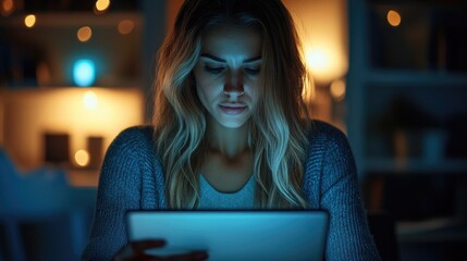 Wall Mural - Woman Focused on Laptop at Night