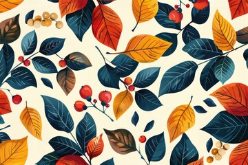Poster - Leafy pattern with berries on a white background, perfect for nature-inspired designs
