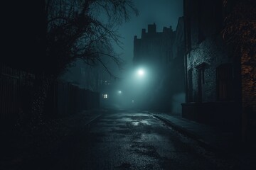Wall Mural - A dark street with a street light shining on it. The night sky is cloudy and the street is wet