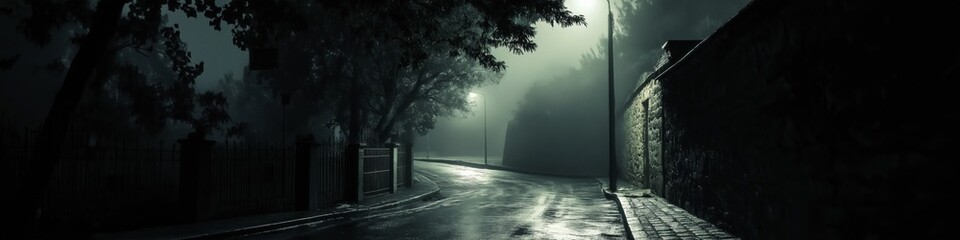 Wall Mural - A street at night with a street light and a fence