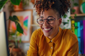 Aufkleber - A smiling woman in glasses sits in front of a computer, focused on her work