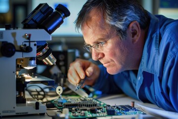Poster - A person inspecting electronic components on a motherboard