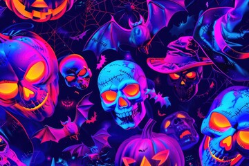 Wall Mural - A collection of carved pumpkins and human skulls, perfect for Halloween decorations or horror-themed events