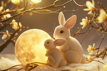 Poster - A pair of white rabbits sit together under the bright light of a full moon