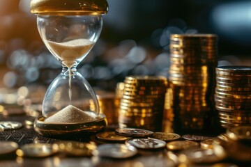 Poster - A classic hourglass sits atop a stack of shiny coins, symbolizing the passing of time and wealth