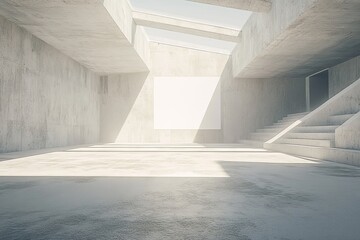 Poster - Three-dimensional rendering of a bright gallery with blank white walls and concrete grey floors.