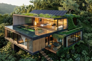 Poster - A house with a solar panel installed on its roof, providing alternative energy