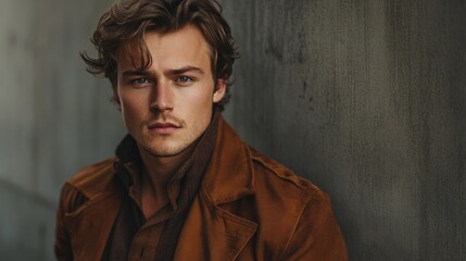Poster - A man in a brown jacket and scarf is standing in front of a wall