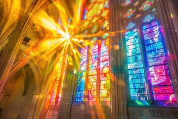 Poster - A picture of sunlight shining through a stained glass window, with vibrant colors and intricate designs