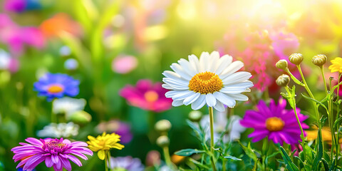 A field of flowers with a white daisy in the middle