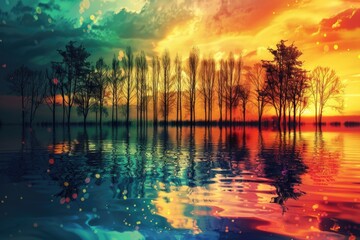 Aufkleber - A beautiful scene of trees reflected in calm water at sunset