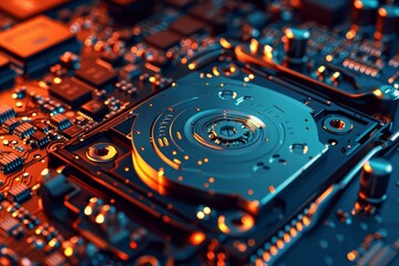 Poster - Hard disk drive is spinning on a motherboard, illuminated by red lights