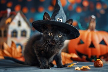 Poster - A curious black kitten is dressed up in a tiny witch's hat, perfect for Halloween or a whimsical photo shoot