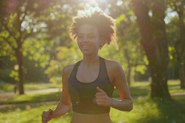 A woman is running through a park surrounded by trees