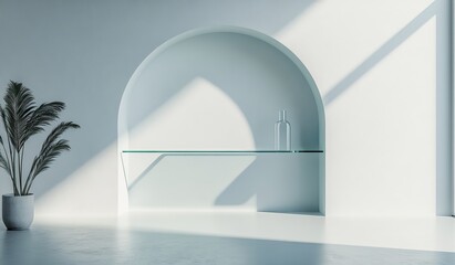 Poster - Using a plaster wall as a background for a presentation of a product with an abstract light blue background. Shadows and light from windows are reflected on the wall.