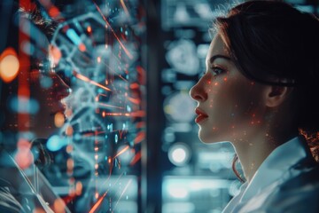 Aufkleber - A scientist woman looks out the window of her laboratory or office, lost in thought