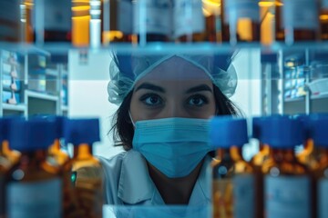 Poster - A woman is shown wearing both a surgical and face mask, potentially for medical or protective purposes