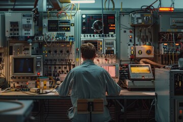 Canvas Print - A person sitting at a desk with a computer, ideal for business or office scenes