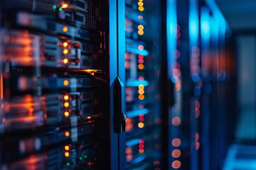 Fototapete - Server room with blinking lights showing data transferring through server racks